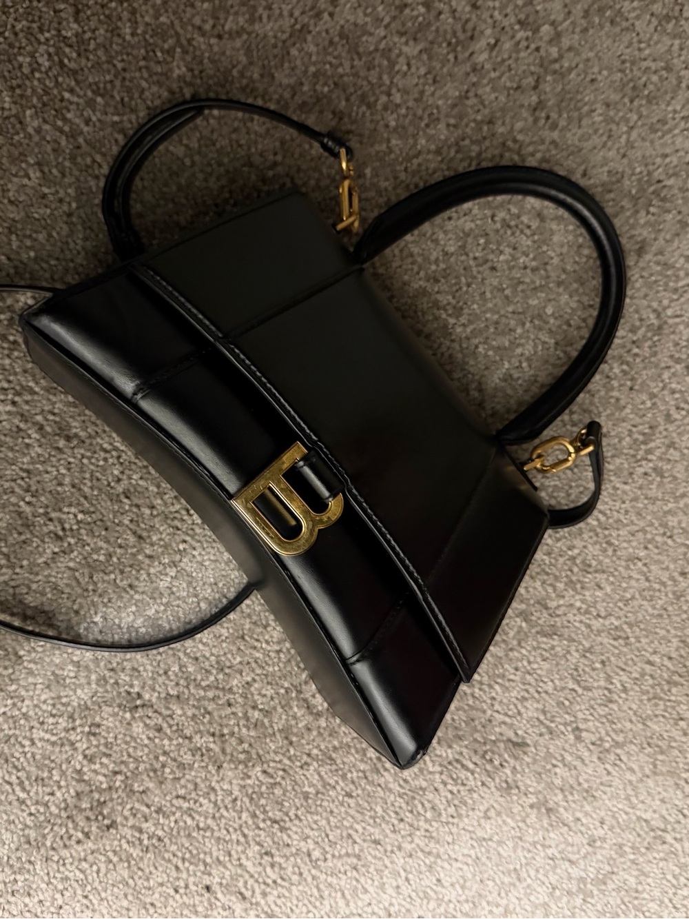 Balenciaga Black Hourglass Top-Handle Satchel with Gold 'B' Logo - Picture 2 of 8